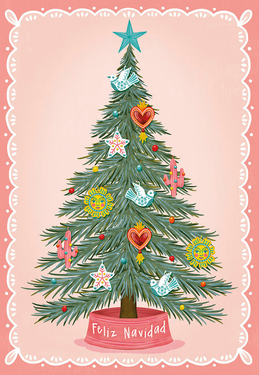 Front of a Feliz Navidad Christmas card with a decorated tree, hearts, doves, suns, cacti ornaments, and a scalloped border.