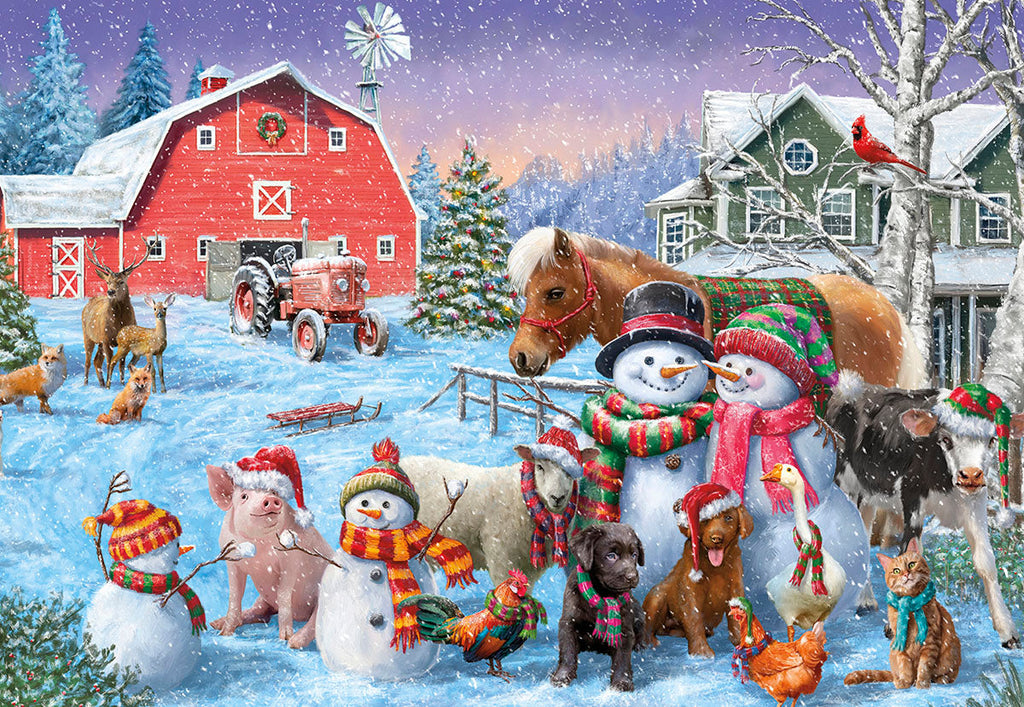 Cute winter farm scene greeting card featuring snowmen, deer, a horse, cow, pig, sheep, dog, cat, fox, and birds in a snowy landscape with a red barn.