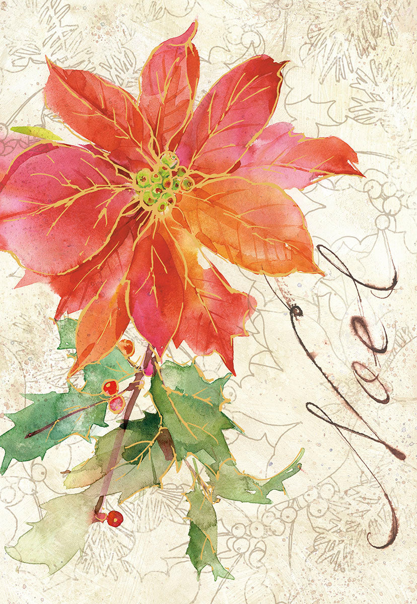 Watercolor poinsettia bloom with holly branch and 'Joy' script on a festive cream background. Religious Christmas greeting card cover.