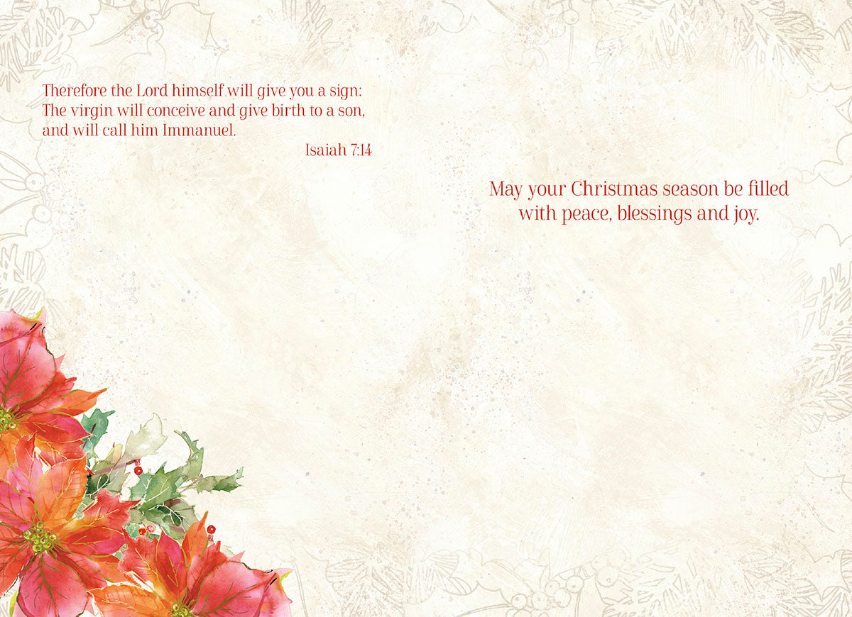 Inside a religious Christmas card featuring a Bible verse (Isaiah 7:14) and a warm holiday blessing with poinsettias.