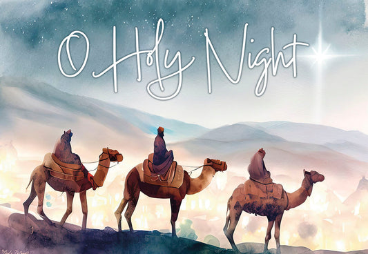 Watercolor Christmas card depicting the Three Kings on camels following the bright Star of Bethlehem across a desert landscape.