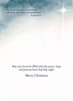 Inside of a spiritual greeting card featuring a glowing star and text from Isaiah 58:11, conveying blessings of guidance, peace, hope, and the promise of the holy night, alongside 'Merry Christmas'.