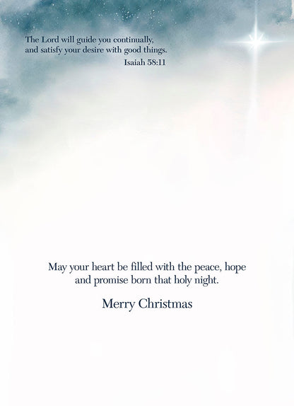 Inside of a Christmas greeting card with a Bible verse from Isaiah 58:11 and a 'Merry Christmas' message.