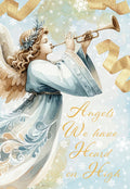 Front of religious greeting card featuring a watercolor angel in blue and white playing a golden trumpet, surrounded by falling snowflakes and swirling gold ribbon, with the hymn title 'Angels We Have Heard on High' in elegant script.