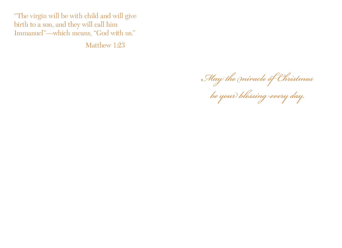 Inside of a religious Christmas card showing Matthew 1:23 scripture and a Christmas blessing message, 'May the miracle of Christmas be your blessing every day.'