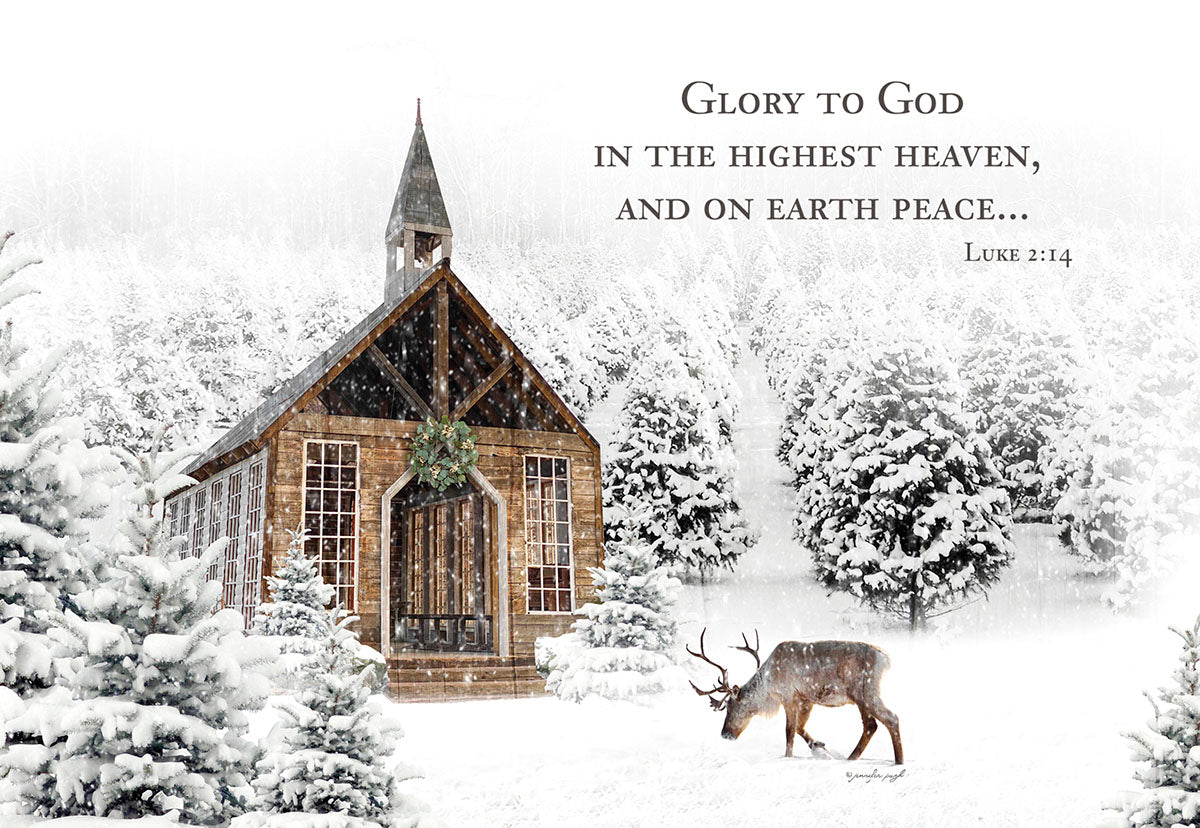 Winter wonderland greeting card showing a snow-covered wooden chapel with a wreath, evergreen trees, and a lone reindeer standing in the snow. Features the Bible verse Luke 2:14 'Glory to God in the highest heaven, and on earth peace.' on the front.