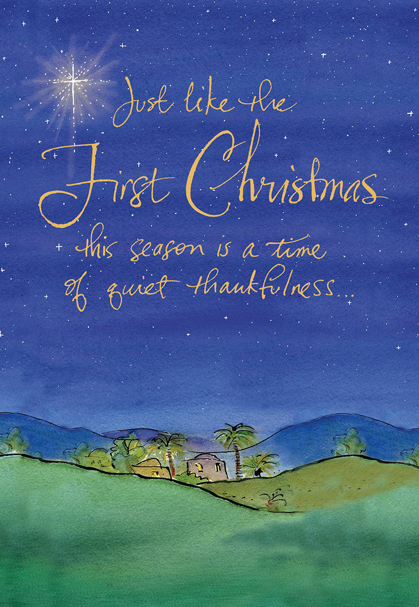 Front of a religious Christmas card featuring a shining star over a Jerusalem landscape with the message "Just like the First Christmas".
