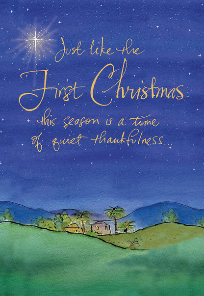 Front of a religious Christmas card featuring a shining star over a Jerusalem landscape with the message "Just like the First Christmas".