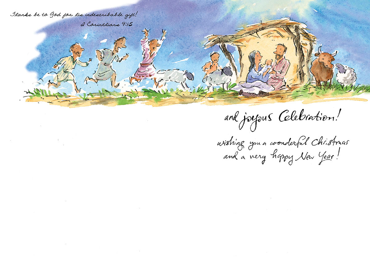 Inside of a religious Christmas card with a nativity scene, people celebrating, and a message "joyous Celebration! wonderful Christmas".