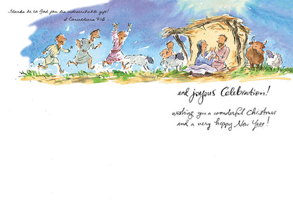 Inside of a religious Christmas card with a nativity scene, people celebrating, and a message "joyous Celebration! wonderful Christmas".