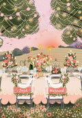Elegant outdoor celebration scene with 'Just Married' chairs, floral arrangements, twinkling lights, and a sunset backdrop, perfect for a special pair's memorable day.