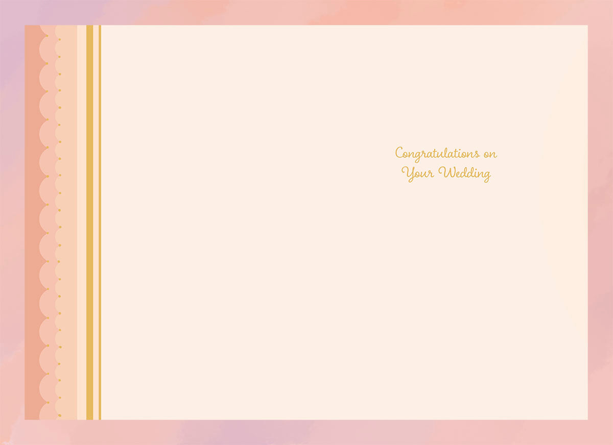 Inside of a greeting card displaying 'Congratulations on Your Wedding' in elegant script against a soft peach and gold background.