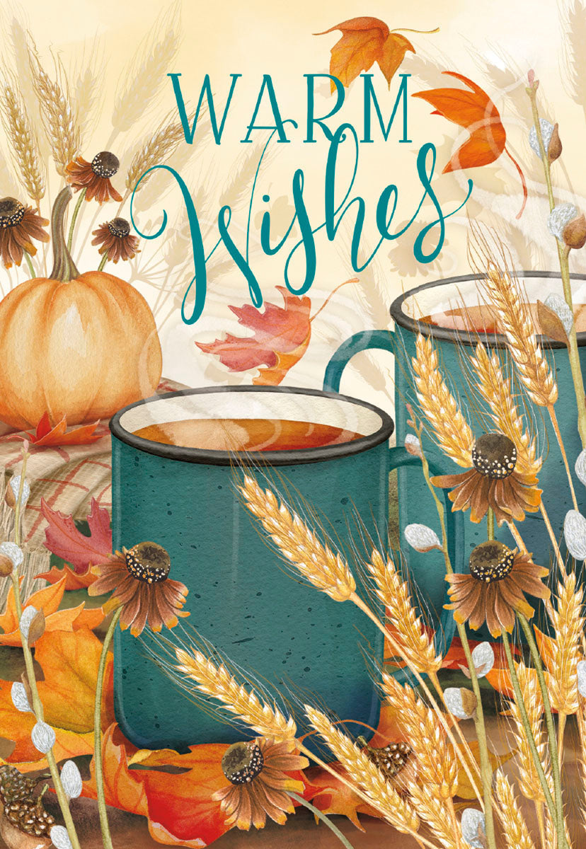 Greeting card featuring two teal mugs filled with a warm drink, a pumpkin, colorful autumn leaves, wheat stalks, and small brown flowers under the elegant text 'WARM Wishes'. Perfect for expressing gratitude during fall.