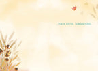 Inside of a greeting card with a soft yellow background, subtle wheat, and falling leaves. Text reads '...FOR A JOYFUL THANKSGIVING.', leaving space for a personalized message.