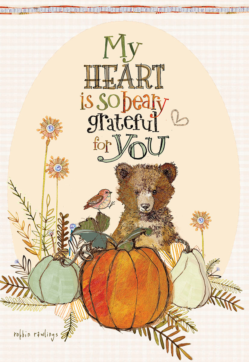 Adorable Thanksgiving greeting card featuring a cute brown bear cub peeking over an orange pumpkin and green squash, surrounded by delicate fall foliage. The card front reads 'My heart is so beary grateful for You', perfect for expressing heartfelt appreciation.