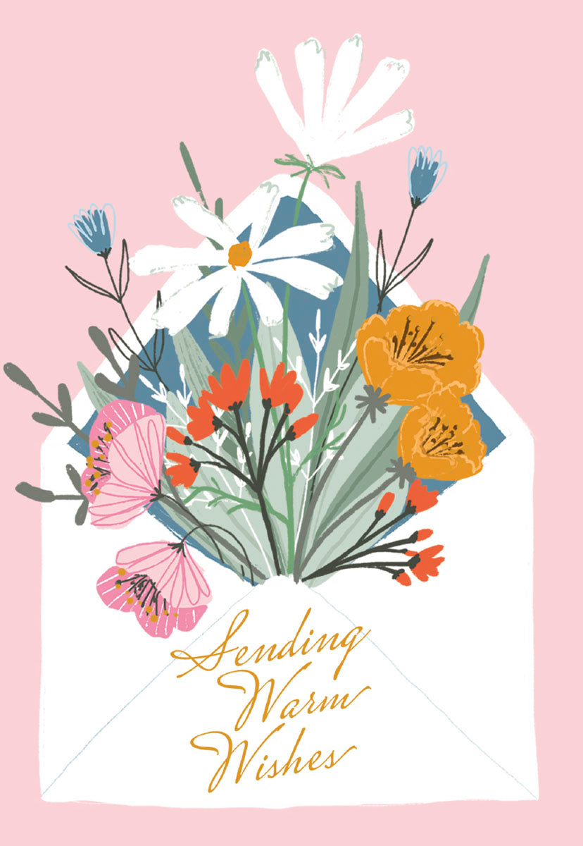 Front of a greeting card with a white envelope overflowing with colorful spring flowers and "Sending Warm Wishes" on a pink background.