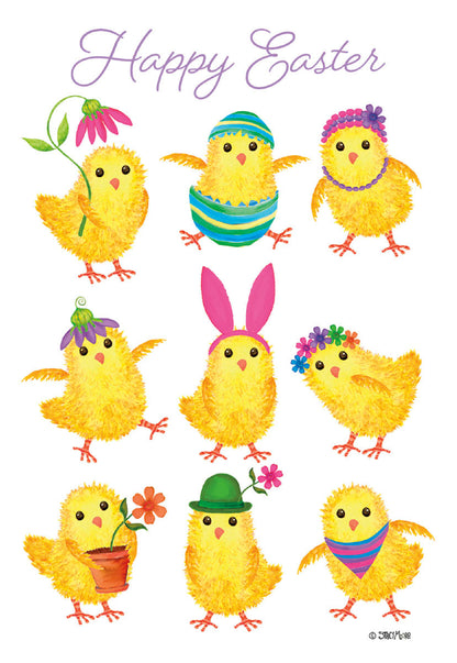 Watercolor Happy Easter card with nine cute yellow chicks in various playful poses, some with hats, flowers, or a pot.