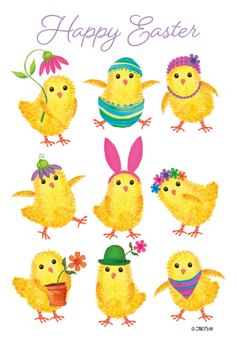 Happy Springtime Chicks Greeting Card featuring nine cheerful yellow baby chicks in various festive attire like bunny ears, hats, and flowers, with 'Happy Easter' written in script at the top. Perfect for kids or anyone who loves adorable animals.