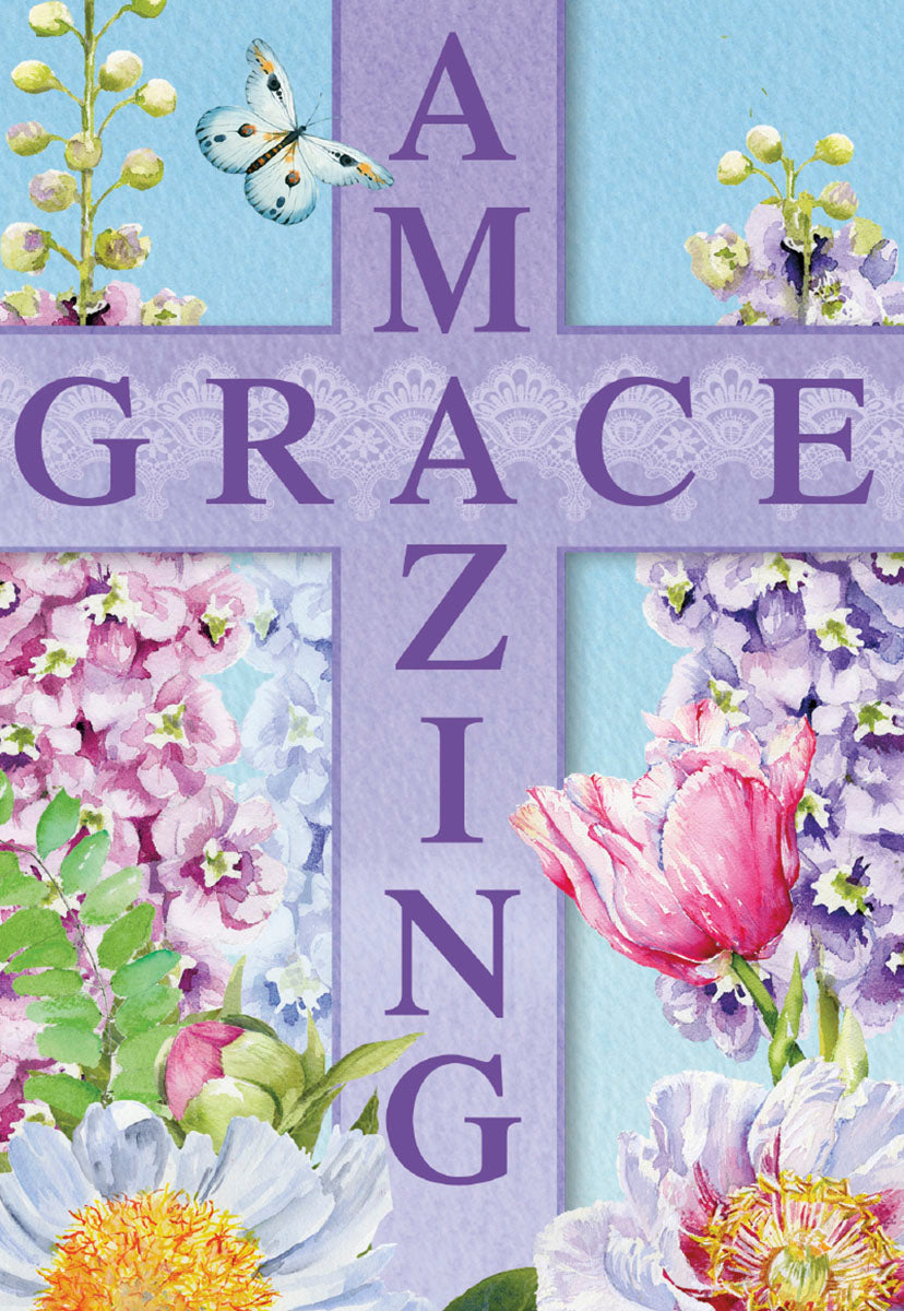 Front of a religious Easter greeting card displaying 'AMAZING GRACE' in purple text forming a cross, surrounded by vibrant watercolor spring flowers like pink tulips, purple delphiniums, and white peonies, with a delicate white butterfly against a bright blue sky.