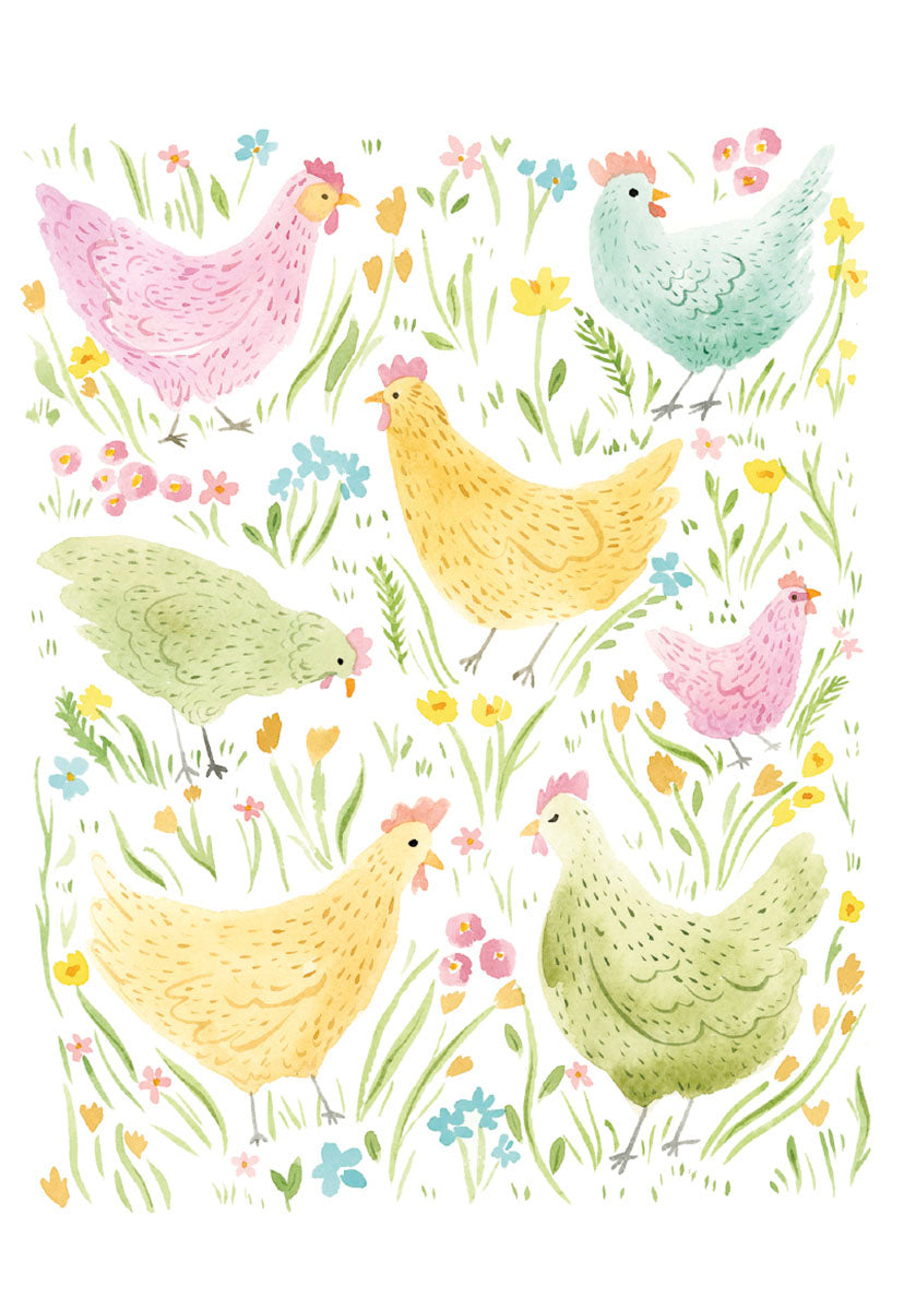 Watercolor art greeting card featuring a flock of pink, yellow, and green chickens amidst vibrant spring wildflowers on a white background.