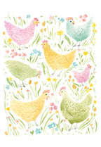 Watercolor art greeting card featuring a flock of pink, yellow, and green chickens amidst vibrant spring wildflowers on a white background.