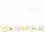 Inside of a cute spring greeting card with the message 'It's just me, chicken-in on you, and wishing you a happy Easter.' in light blue text, above a border of watercolor chickens and flowers.