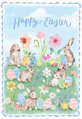 Adorable watercolor Easter greeting card for kids, featuring fluffy brown bunnies, yellow baby chicks, colorful decorated eggs, and spring flowers like tulips and daffodils on a light blue sky background with a scallop border. Text says 'Happy Easter'.