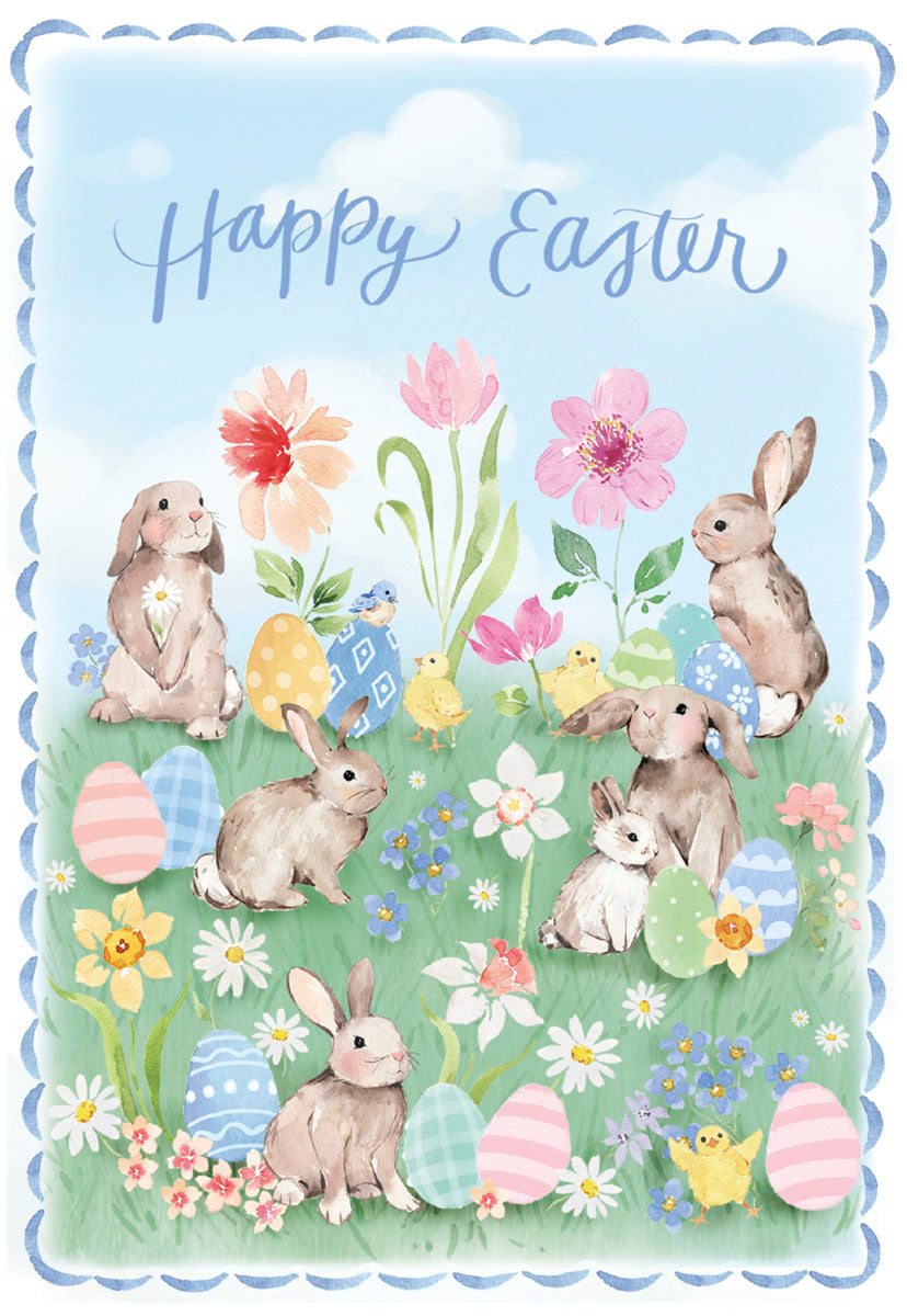 Adorable watercolor Easter greeting card for kids, featuring fluffy brown bunnies, yellow baby chicks, colorful decorated eggs, and spring flowers like tulips and daffodils on a light blue sky background with a scallop border. Text says 'Happy Easter'.
