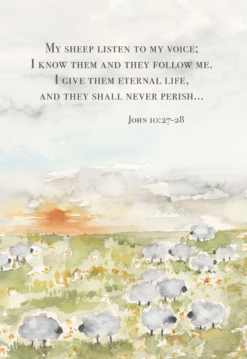Front of a religious greeting card for springtime, featuring a watercolor landscape with sheep and the Bible verse John 10:27-28 about eternal life, perfect for a blessed celebration.
