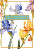 Watercolor irises greeting card front with vibrant blue, yellow, and purple flowers and 'HAPPY EASTER' text in a teal banner.