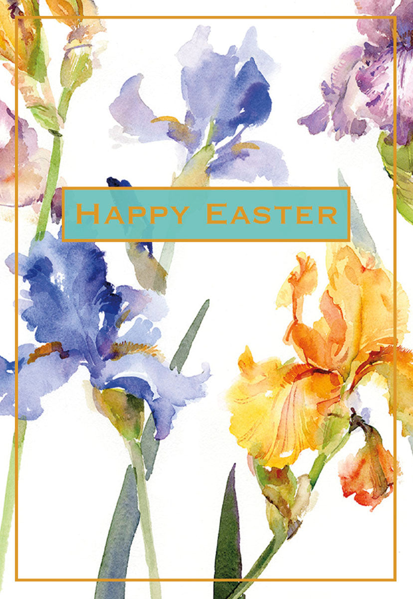 Front of a greeting card with watercolor purple, blue, and yellow iris flowers and 'Happy Easter' in a teal rectangle with an orange border.