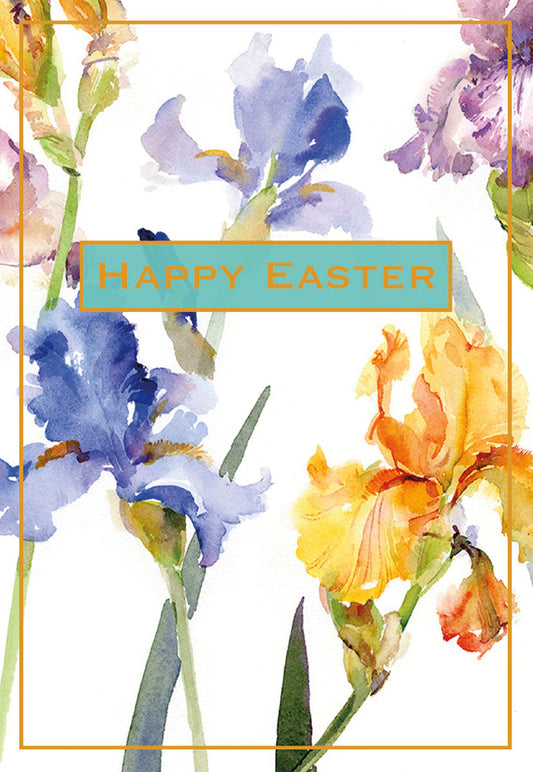 Front of a greeting card with watercolor purple, blue, and yellow iris flowers and 'Happy Easter' in a teal rectangle with an orange border.