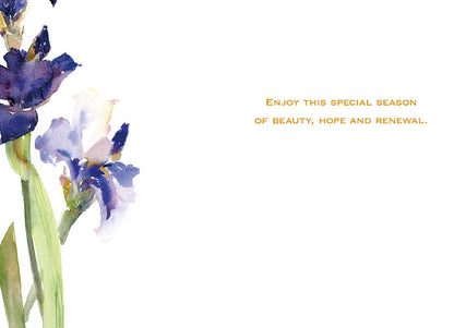 Inside of a greeting card with watercolor iris flowers on the left and 'Enjoy this special season of beauty, hope and renewal'.