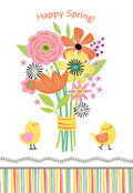 Front of a cheerful Easter and Spring greeting card for kids, featuring two cute yellow baby chicks next to a vibrant bouquet of pink, orange, yellow, and green flowers, with 'Happy Spring!' text at the top and a colorful striped border at the bottom.