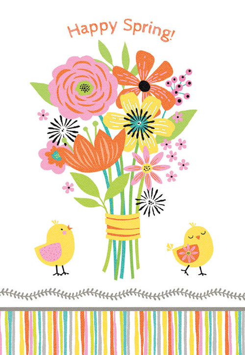Front of a cheerful spring greeting card for children, featuring two adorable yellow baby chicks and a vibrant bouquet of pink, orange, yellow, and green flowers. The card reads 'Happy Spring!' at the top, set against a white background with a colorful striped border at the bottom. Perfect for Easter or general spring wishes.