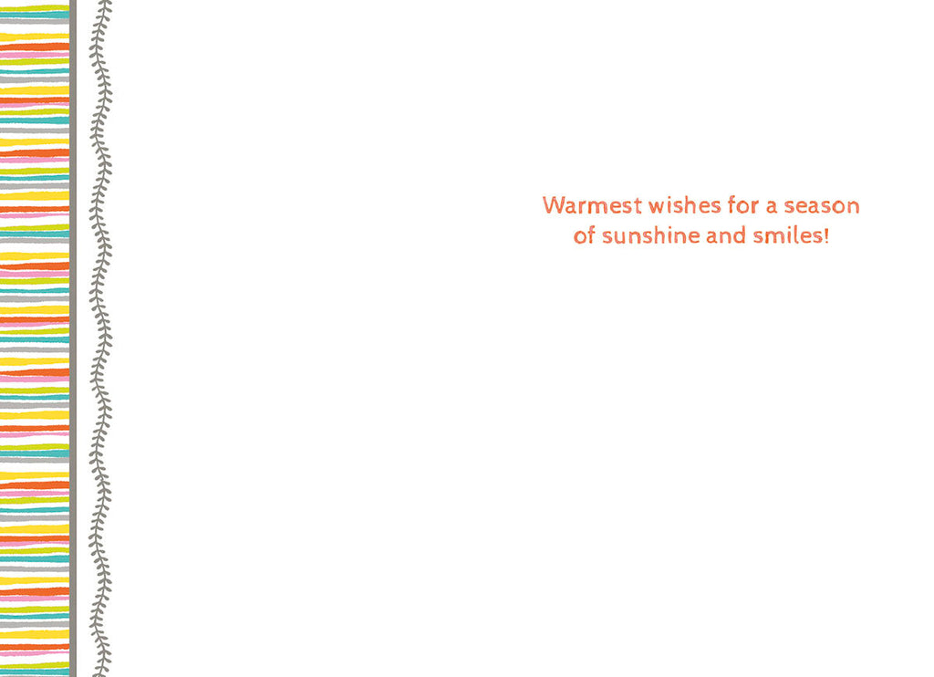 Inside of a cute spring greeting card for kids, displaying the heartwarming message 'Warmest wishes for a season of sunshine and smiles!' The left side features a cheerful, colorful striped pattern, while the rest of the interior is white, ready for a personalized note. Ideal for Easter greetings.