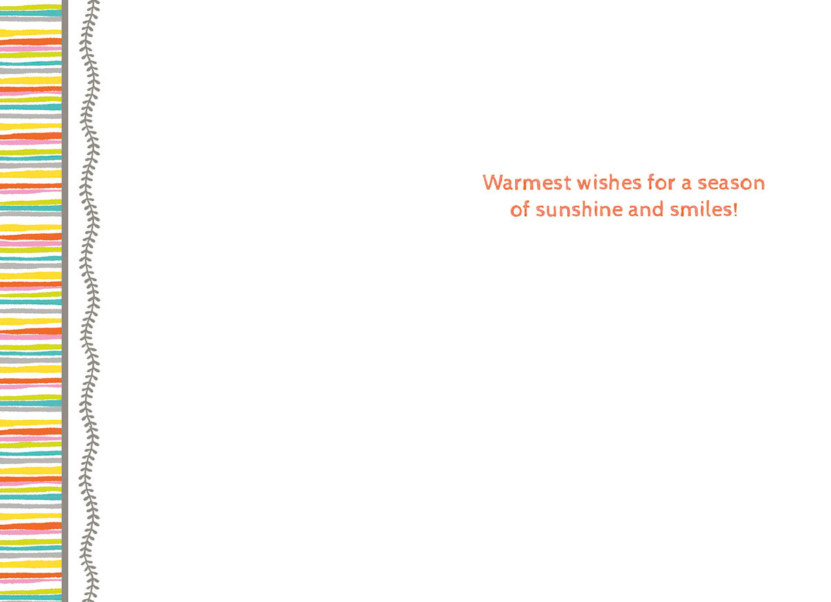 Inside of a cute spring greeting card for kids, displaying the heartwarming message 'Warmest wishes for a season of sunshine and smiles!' The left side features a cheerful, colorful striped pattern, while the rest of the interior is white, ready for a personalized note. Ideal for Easter greetings.