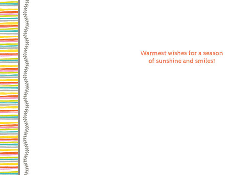 Inside of a cute spring greeting card for kids, displaying the heartwarming message 'Warmest wishes for a season of sunshine and smiles!' The left side features a cheerful, colorful striped pattern, while the rest of the interior is white, ready for a personalized note. Ideal for Easter greetings.