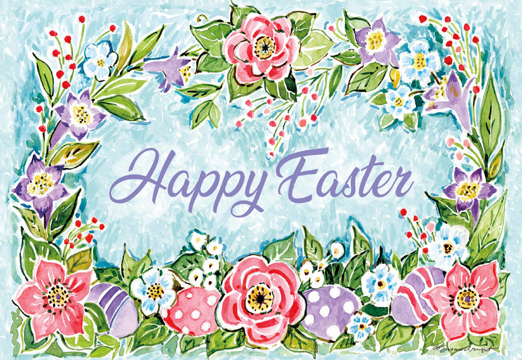 Vibrant watercolor Easter greeting card featuring a lush floral wreath with pink and purple flowers, green leaves, red berries, and festive polka-dotted eggs on a light blue background. The center displays 'Happy Easter' in elegant script.