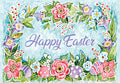 Vibrant watercolor Easter greeting card featuring a lush floral wreath with pink and purple flowers, green leaves, red berries, and festive polka-dotted eggs on a light blue background. The center displays 'Happy Easter' in elegant script.