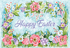 Vibrant watercolor Easter greeting card featuring a lush floral wreath with pink and purple flowers, green leaves, red berries, and festive polka-dotted eggs on a light blue background. The center displays 'Happy Easter' in elegant script.