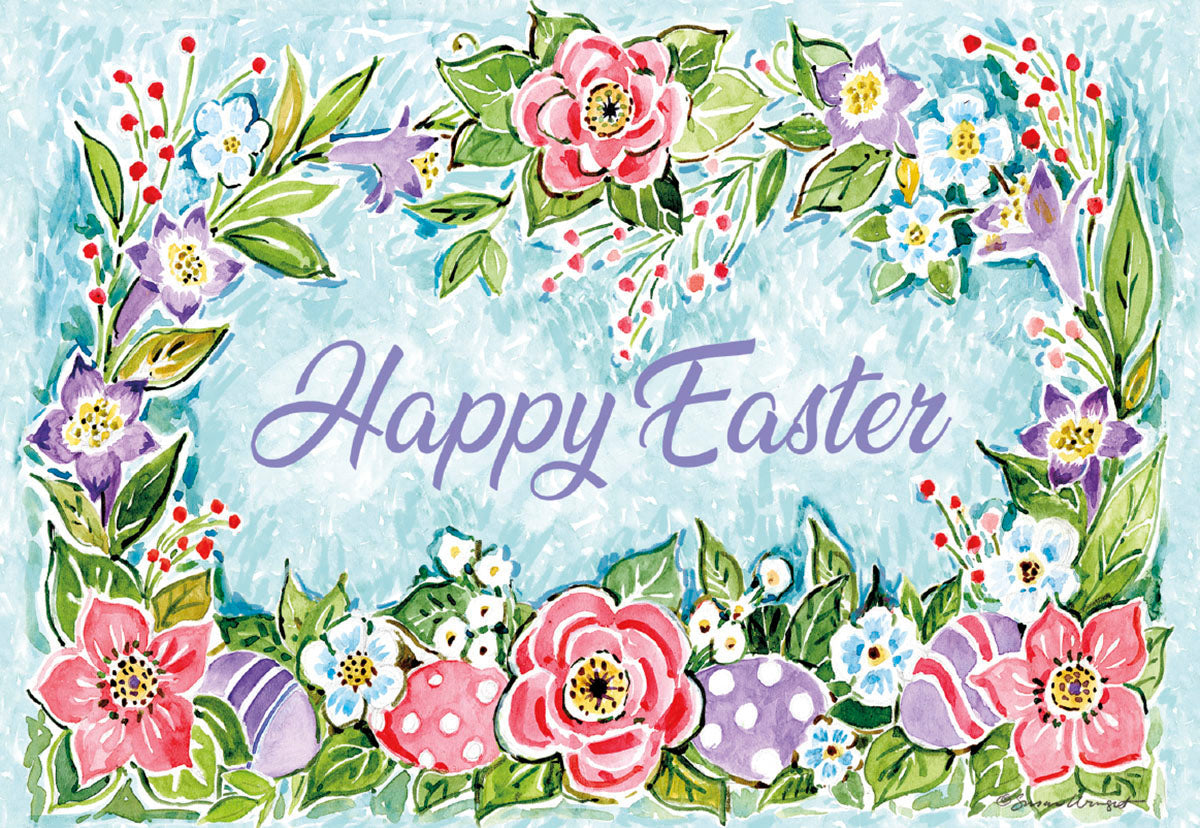 Vibrant watercolor Easter greeting card featuring a lush floral wreath with pink and purple flowers, green leaves, red berries, and festive polka-dotted eggs on a light blue background. The center displays 'Happy Easter' in elegant script.