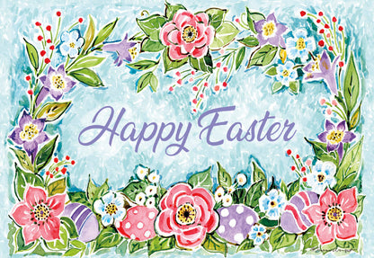 Front of a spring Easter greeting card with watercolor floral border, "Happy Easter" in purple script on a light blue background.