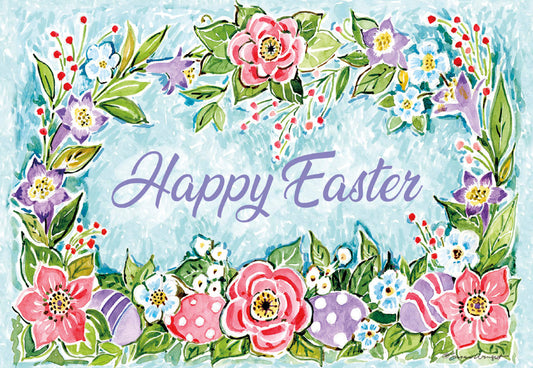 Front of a spring Easter greeting card with watercolor floral border, "Happy Easter" in purple script on a light blue background.