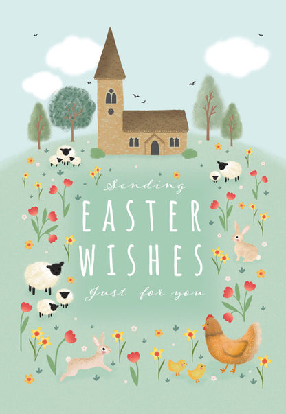 Front of a charming greeting card depicting a serene churchyard with a church, trees, green hills, blue sky, and white clouds, surrounded by flowers and farm animals like bunnies, sheep, and a hen with chicks.