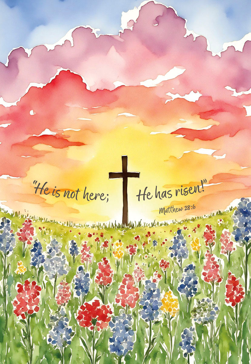 Religious greeting card featuring a watercolor sunrise with a cross silhouette, vibrant wildflowers, and Matthew 28:6 scripture for celebrating the resurrection.