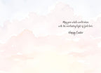 Inside of a religious celebration card with soft watercolor clouds and an inspiring message: 'May your whole world shine with the everlasting light of God's love. Happy Easter.'