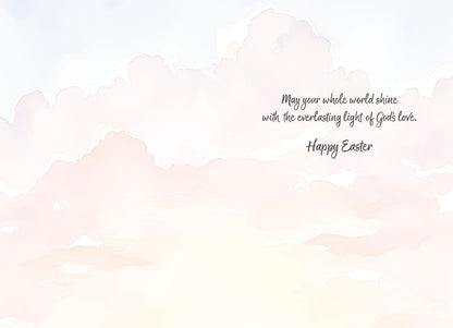 Interior of a religious greeting card with a soft watercolor cloud background and a heartfelt message about God's love.