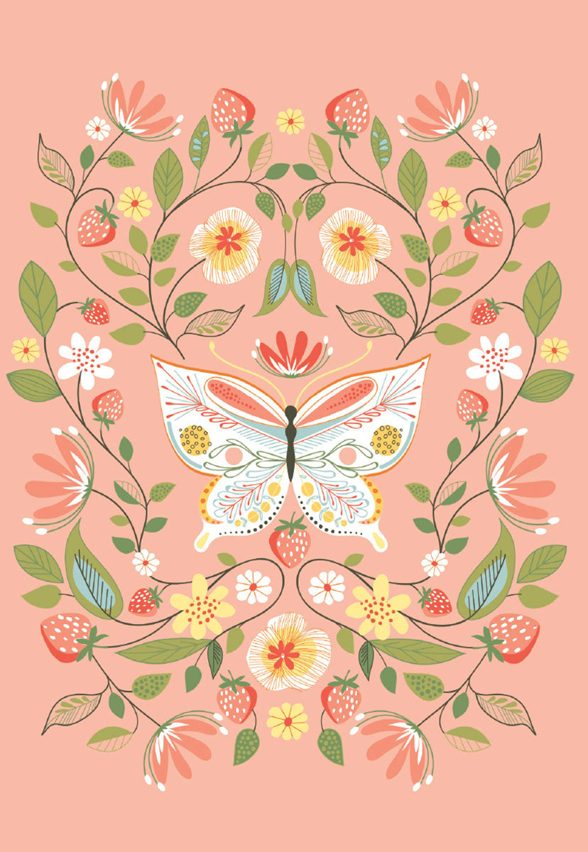 Whimsical Easter greeting card featuring a decorative butterfly at its center, surrounded by a vibrant wreath of blooming flowers, green leaves, and ripe strawberries on a soft pink background. Perfect for spring wishes.