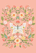 Whimsical Easter greeting card featuring a decorative butterfly at its center, surrounded by a vibrant wreath of blooming flowers, green leaves, and ripe strawberries on a soft pink background. Perfect for spring wishes.